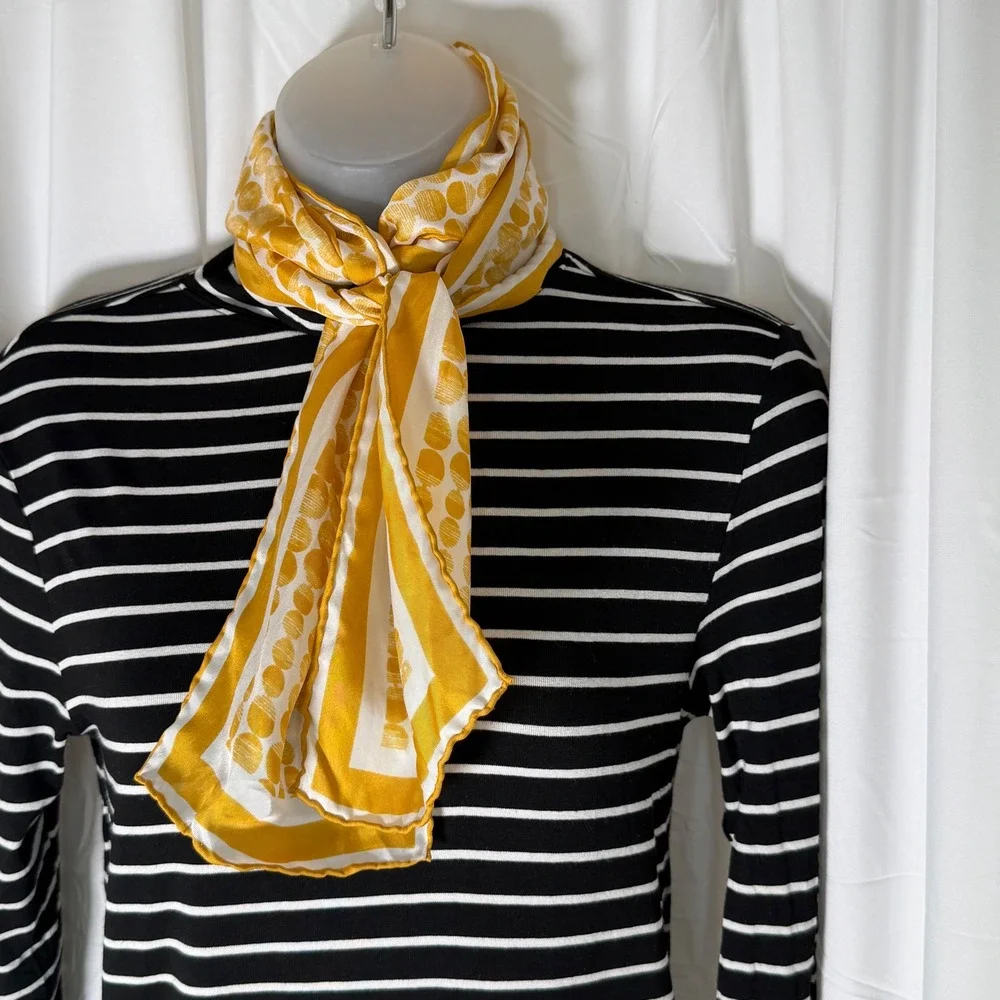 The Limited Silk Scarf Yellow White Polka Dot Geo Oblong Striped Border 114-02